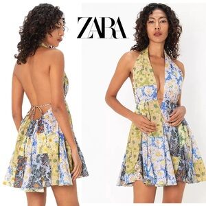 Zara Floral Daisy Printed Halter Mini Dress Size XL Bloggers Bohemian Holiday
